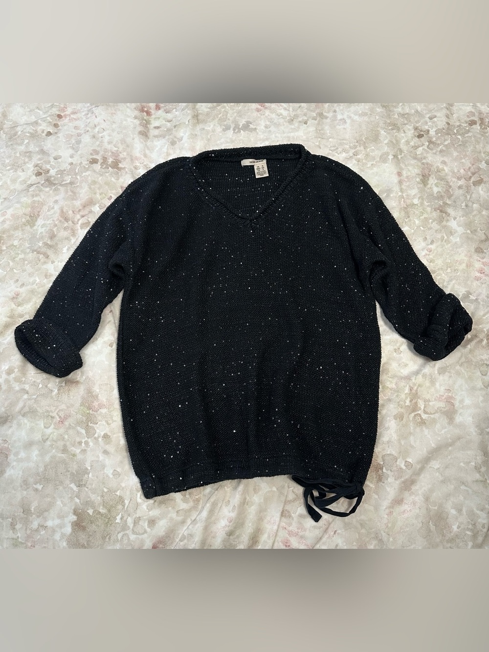DKNY Black V-Neck Speckle Knit Sweater